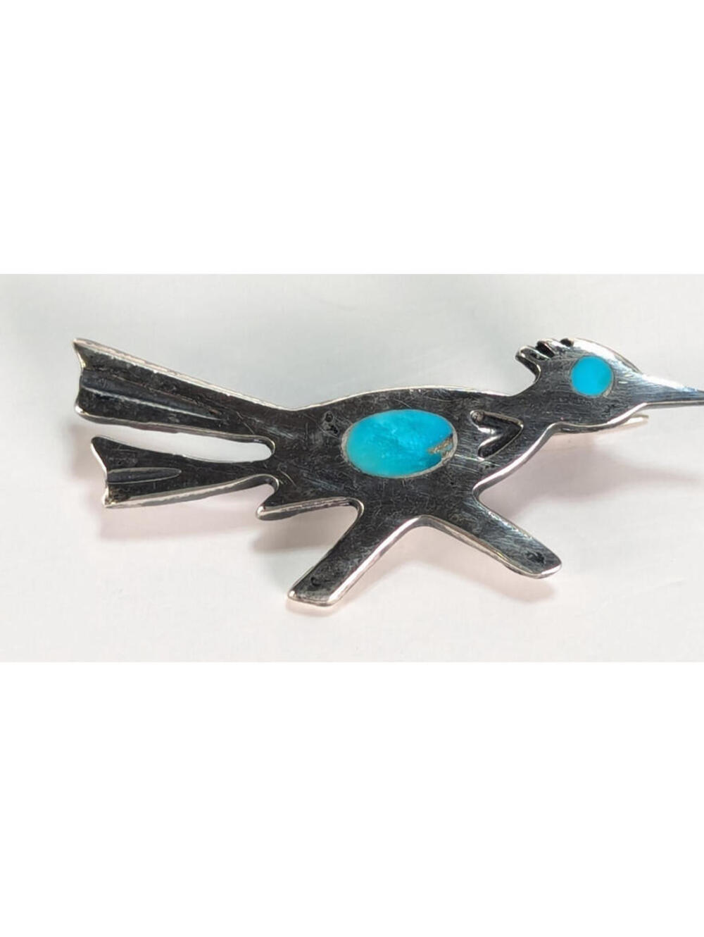 VTG Southwest Turquoise Sterling Silver Roadrunner Pin Brooch Possible Zuni 1.5"
